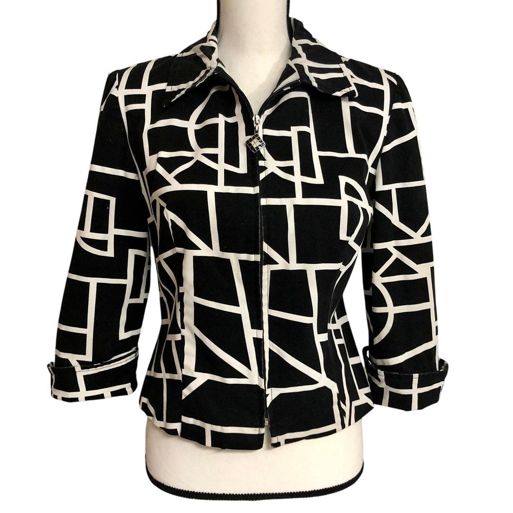Ribkoff Trends Jacket Womens 6 Black White Geometric Zip Up 3/4 Sleeve Mod MCM
